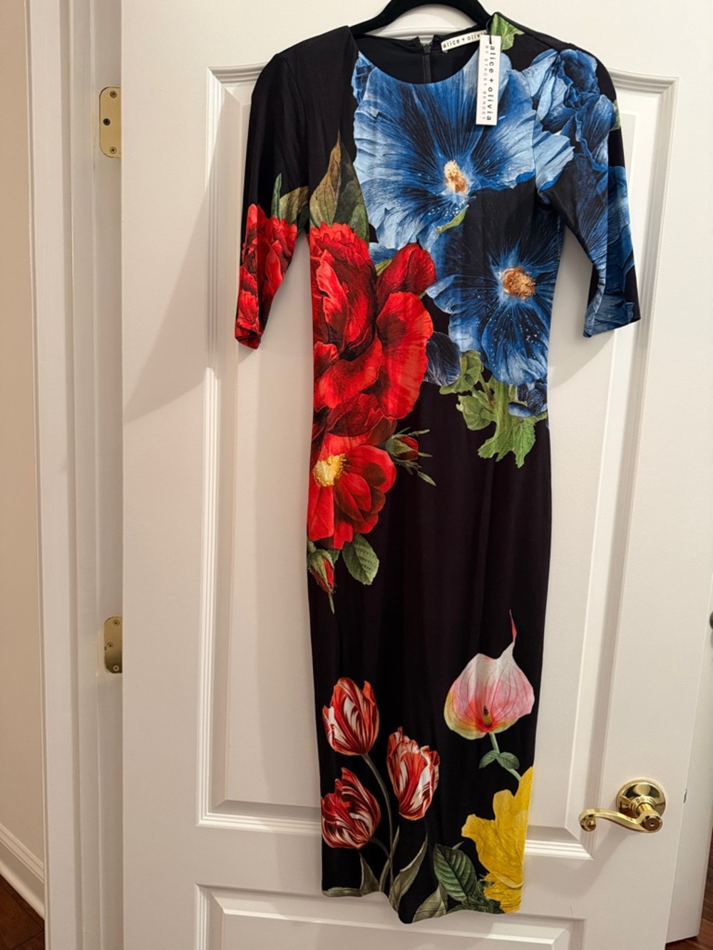 Alice + Olivia Black Midi Dress with Red, Blue & Yellow Floral Print